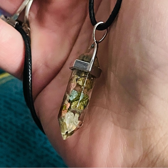 New Vegan Leather Sterling Silver Unakite Jasper Natural Stone Artisan Necklace - Picture 3 of 12